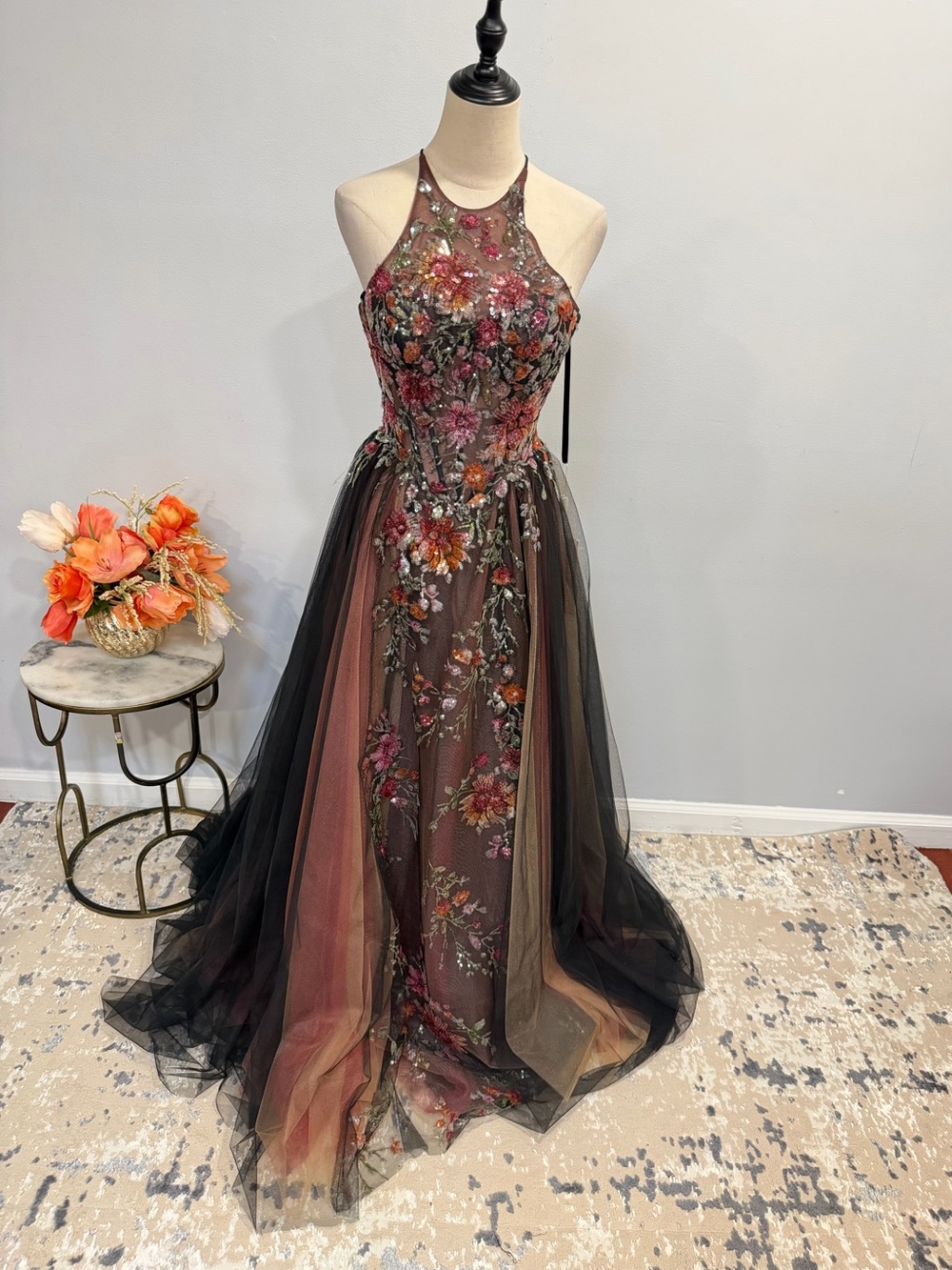 Colors Dress Floral Embroidered Halter Neck Tulle Gown In Black Brown Multicolor